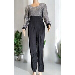 VTG 80s MENU Jumpsuit Womens Size 6 Black Silver Sequins Faux Tuxedo Rayon USA